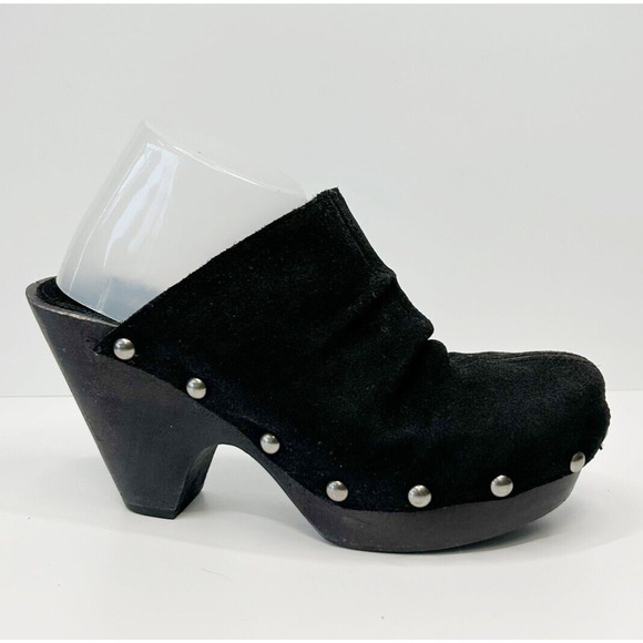 MIA Copenhagen Black Suede Studded Platform Clogs Faux Wood Heel 90s Y2K Retro 7 - Picture 1 of 7